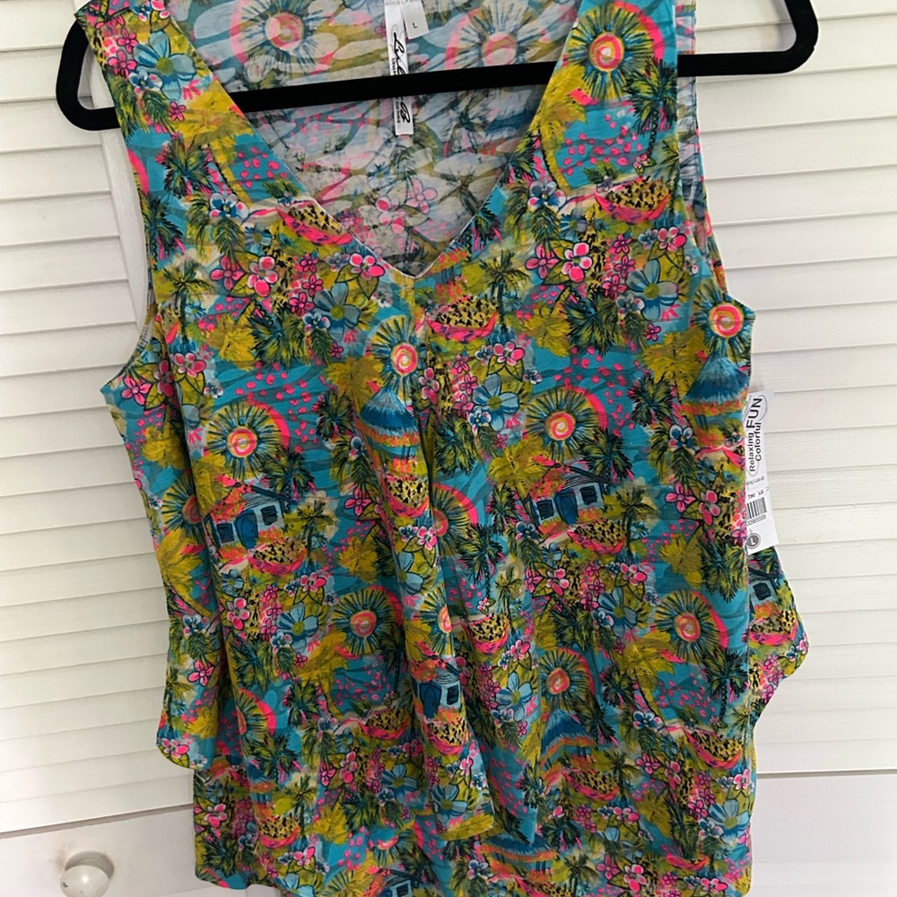 Lulu-B Tropical Floral Teal Pink Tank Top